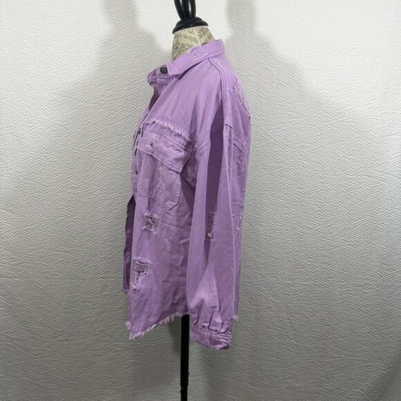 Jeans Ripped Raw Edge Oversized Denim Jacket, Distressed Collar Long Sleeves Y2K - Picture 8 of 10